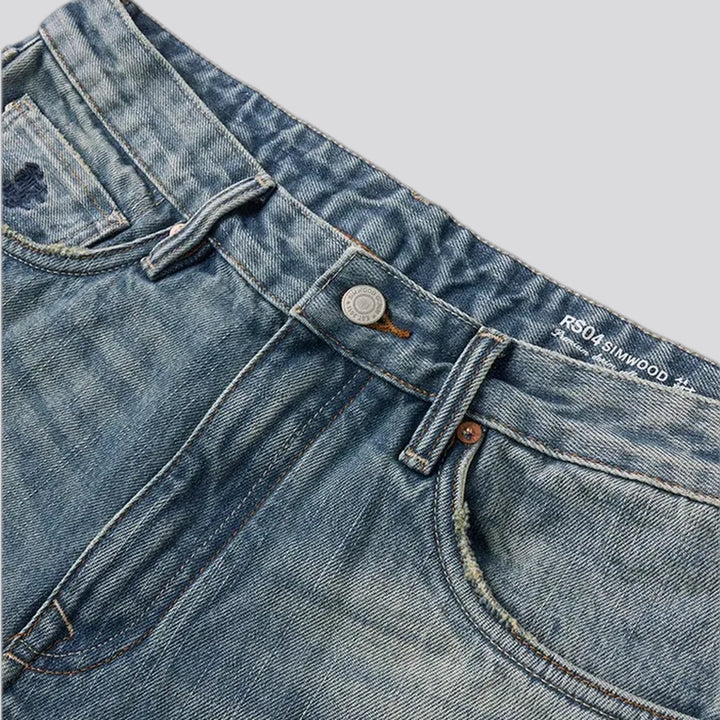 Distressed straight fit selvedge men's jeans