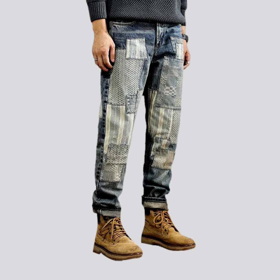 Checkerboard striped loose jeans for men
